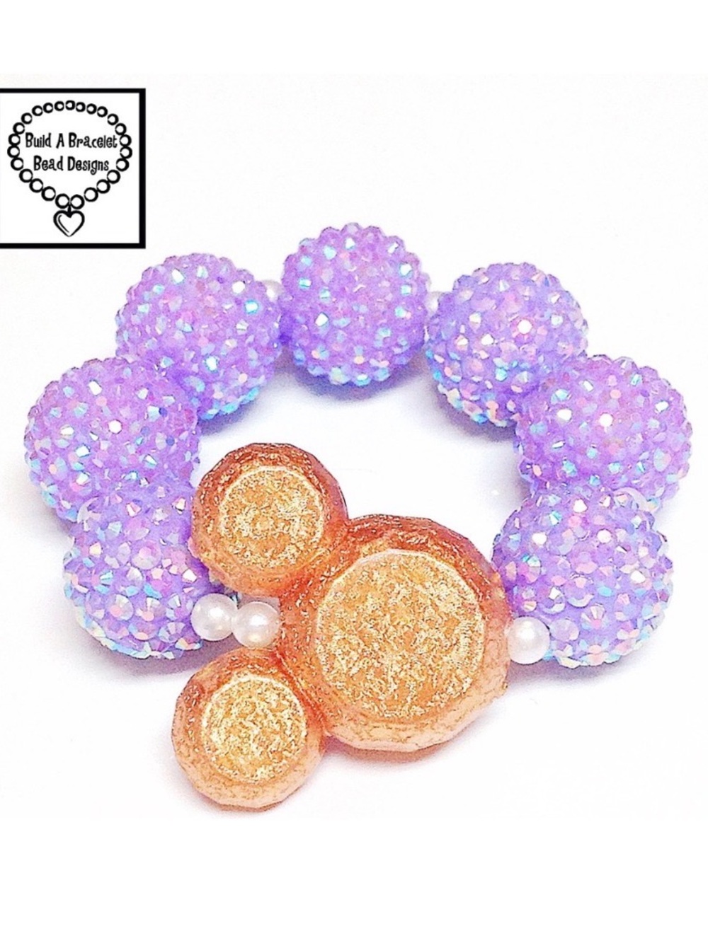 Lilac Rhinestone Bracelet Gold Mouse Head Disney Inspired Girls Stretch